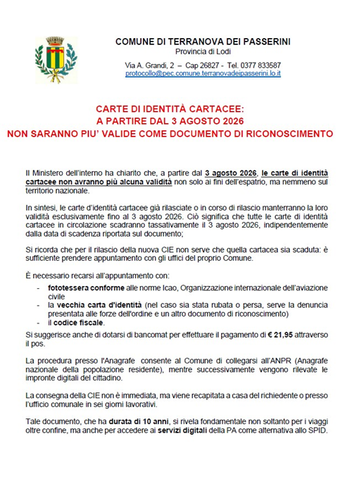 Scadenza carte d'Identità Cartacee a partire dal 3/8/2026