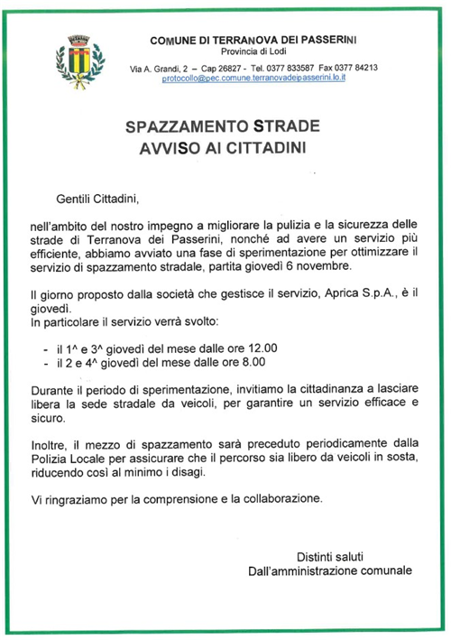 Spazzamento strade avviso ai cittadini