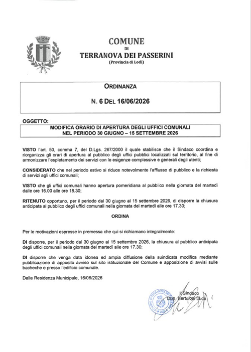 Modifica orario di apertura degli uffici comunali nel periodo 30/06/2026 - 15/09/2026