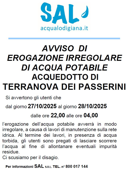 Erogazione irregolare di acqua potabile acquedotto di terranova dei passerini